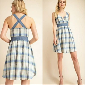 Gilli cross back fit and flare dress blue plaid large - Picture 1 of 3