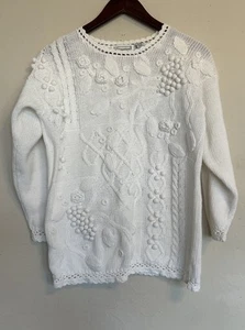 Vintage 90s 3D Knit All White Pullover Sweater M Cottagecore Grandma Floral - Picture 1 of 10