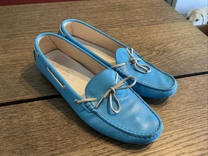 Tods Teal Blue Leather Gommino Driving Mocs Loafers Size 39.5 - Picture 1 of 24