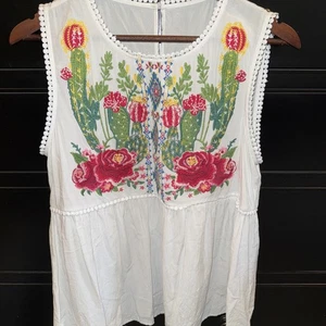 Embroidered White Rayon Tank Women’s Large Floral Cactus Design Flowy Babydoll - Bild 1 von 5