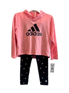 (NWT) Adidas Girls Pink/Black Hooded T-shirt and Leggings, 2 Piece Set Size 6 - Picture 1 of 18