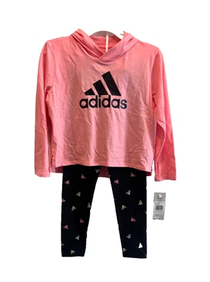 (NWT) Adidas Girls Pink/Black Hooded T-shirt and Leggings, 2 Piece Set Size 6 - Image 1 of 4