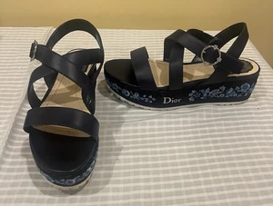 Christian Dior Navy Blue Leather Denim Prairie Embroidered Platform Sandals 36.5 - Picture 1 of 11