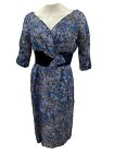 Vtg Joan Roberts 1950S Blue Floral Velvet Waist Dress Pinup Mad Men Sz M