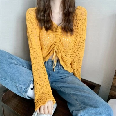 Lady Knitted Cropped Sweater Hollow Crochet Pullover Drawstring Thin Summer Tops - Image 1 of 4