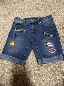 Total Girl Girls Jean Blue Shorts Adjustable Waist Snap Closure Sticker Sz 5 - Picture 1 of 5