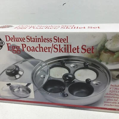 NORPRO 613 Egg Poacher Deluxe Stainless Steel 8” Skillet Fry Pan Set Glass Lid - Image 1 of 4