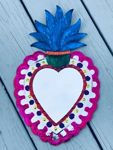 Mexican Hand Painted Red Punched Tin Mirror Sacred Heart Milagro 14.5x9 Q28 - Picture 1 of 3
