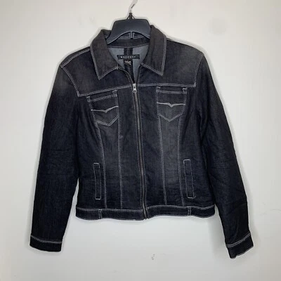 Chaqueta de Jean Baccini para Mujer M Negra Denim Cremallera Manga Larga Básica con Cuello Foto 1 de 4