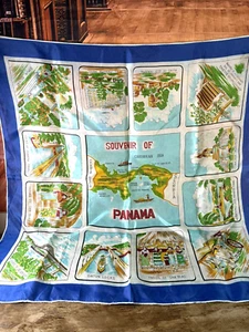 Vintage Souvenir Blue silk scarf of Souvenir Of Panama 30" x 30" - Picture 1 of 8