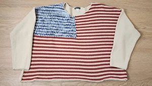 Venus Womens Sweater 2X American Flag-Inspired Cable Knit Pullover Tan Red Blue - Picture 1 of 11