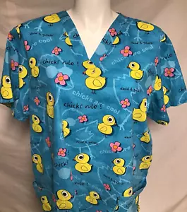 Cherokee Chicks and Flowers Rule Nurse Scrub Top Blue Yellow David & Goliath 2XL - Picture 1 of 6