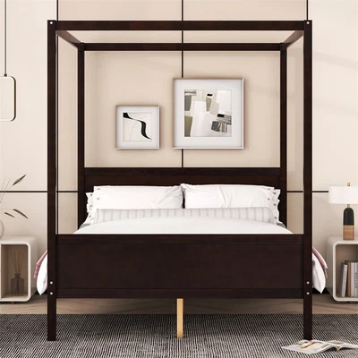 Queen Size Canopy Bed with Headboard and Footboard,Slat Support Leg,Espresso - Image 1 of 4