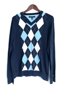Tommy Hilfiger Herren Pullover mittelblau elfenbein Argyle Langarm V-Ausschnitt VV13 - Bild 1 von 4
