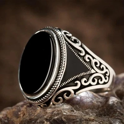 Silver-Tone Sterling Look Handmade Black Men's Ring All Sizes Fashion 2025 - Image 1 of 2