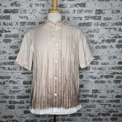 NEW Theory Mens Noll 100% Linen Glaze Balsa Stripe Short Sleeve Shirt Sz Medium - Image 1 of 4