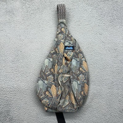 KAVU Rope Crossbody Sack Large Jumble Leaf Print Blue/Peach/Brown Sling Bag - Image 1 of 4