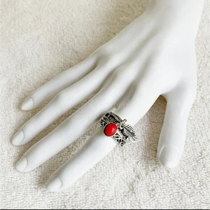 3 Ringe Set Boho Feder Strass roter Stein Gr. 6/6,25/6,5 - Bild 1 von 1