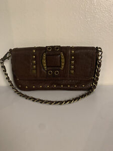 Betsy Johnson Brown Leather Clutch Hand Bag Studded Antique Brass Chain