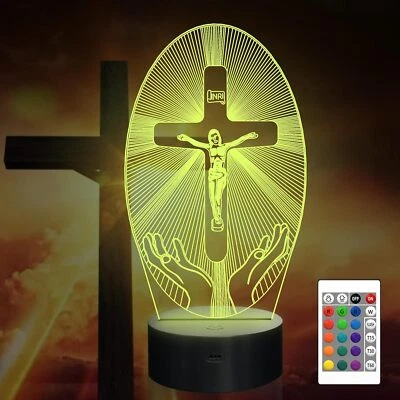 Cross 3D Night Light Jesus Illusion Hologram Lamp 16 Color Remote Control Timer - Image 1 of 4