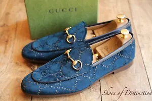 Gucci GG Monogram Blue Velvet Brass Bit Shoes Loafers Shoes Men's UK 11.5 NEW - Picture 1 of 12