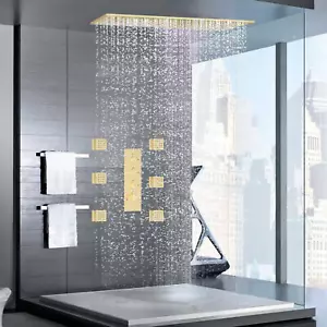 Thermostatic Shower Faucet Set 16x32in Rain Shower Head Massage System Gold - Picture 1 of 12