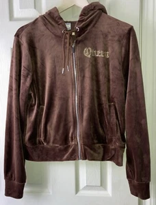 No Boundaries L(11-13) Brown Velvet Hood Zip Sweatshirt Gold Queen Spellout A2 - Picture 1 of 9