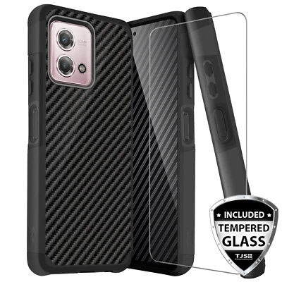 For Moto G Stylus 5G 2023 Case Hybrid Carbon Fiber TPU Armor +Tempered Glass - Image 1 of 4