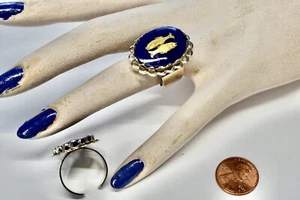 VINTAGE PISCES ZODIAC RING * COBALT BLUE GLASS *ADJUSTABLE • 25x18mm SILVERTONE - Picture 1 of 1