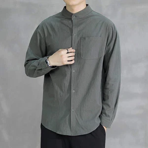 Frühling/Herbst Herren schlicht einfarbig Langarm Stehkragen Knopf Hemd Oberteil - Bild 1 von 30