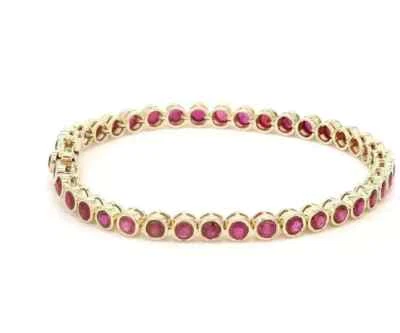 3MM Round Cut Pink Ruby Lab Created Tennis Bracelet 14K Yellow Gold Plated 7" in - Image 1 of 4
