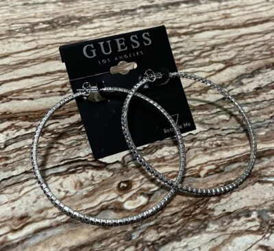 Guess Jewelry Silver Hoop Earrings Crystal Frontal Silver Hoop Earrings 63mm - Image 1 of 4