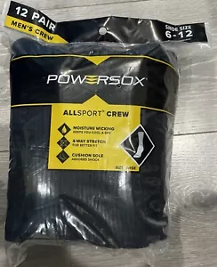 Men's Powersox All Sport Moisture Wicking Crew Socks 12 Pair Black Large 6-12 - Picture 1 of 2