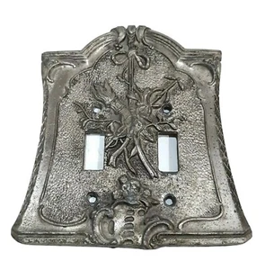 ANTIQUE AMERICAN TACK & HARDWARE PEWTER DOUBLE SWITCHPLATE TORCH CADUCEUS STAFF - Picture 1 of 3
