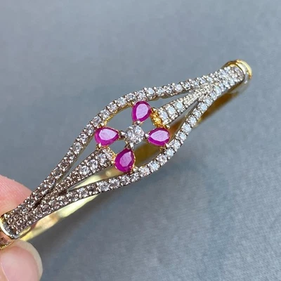 VTG Bangle Bracelet 7" Pink Faceted RUBY Gemstones & Clear CZ Hinged Gold Plated - Image 1 of 4