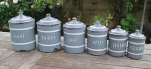Vintage French Enamel Graduated Kitchen Canisters Storage Jars Grey / White x 6 - Picture 1 of 16