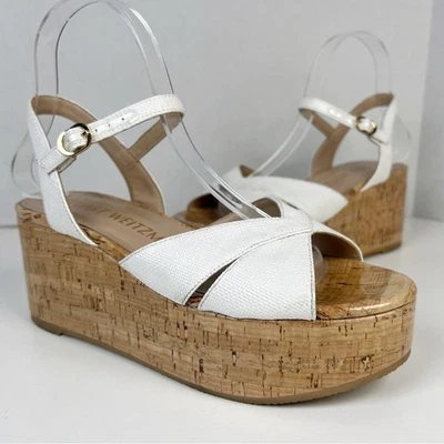 STUART WEITZMAN Women's Size 7B White Carmen Mini Cork-Wedge Platform Sandals - Image 1 of 4