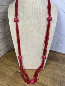 Long Red Multi Strand Bead Necklace Chunky Station Bead Layering 343 - Picture 1 of 14