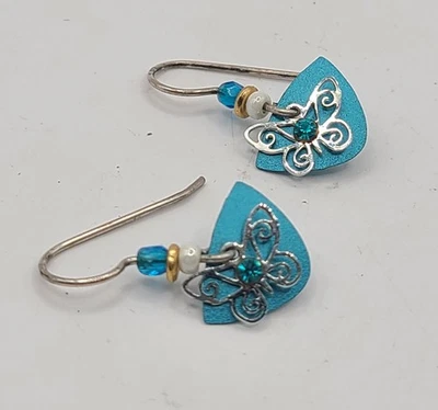 Pendientes de gancho de mariposa en capas de plata de ley 925 Siena Sky metálico verde azulado  Foto 1 de 4