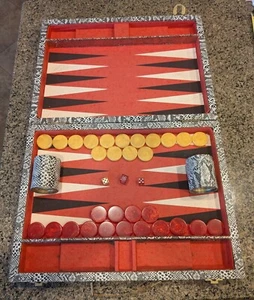 Vintage CRISLOID Backgammon Set Red Swirl & Butterscotch Pieces Snake Skin Case - Picture 1 of 19