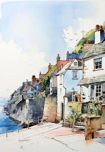Cornish Seaside Scenic Cottages Costal Print Picture Gift Modern Wall Art Poster - Picture 1 of 6