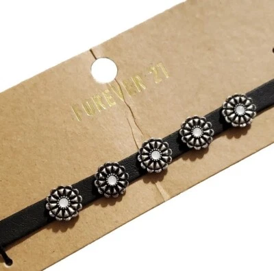 Forever 21 Necklace Choker Black Silver Tone Faux Leather Goth Punk Rock - Imagem 1 de 4