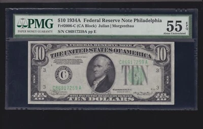 US 1934A $10 FRN Philadelphia FR 2006-C PMG 55 EPQ Ch AU (259) - Image 1 of 2