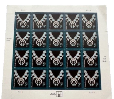 2c stamp PLATE BLOCK (20) Navajo Jewelry Squash Blossom Necklace Mint 2004 - Image 1 of 3