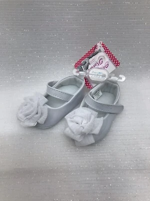 Stepping Stones 0-3 Months Baby Girl White Dress Shoes w Flower Bow Infant NEW - Image 1 of 4