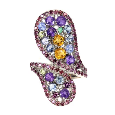 925 Anello Argento Sterling Rotondo Citrino Ametista Gemma Smeraldo Misura 8 - Immagine 1 di 4