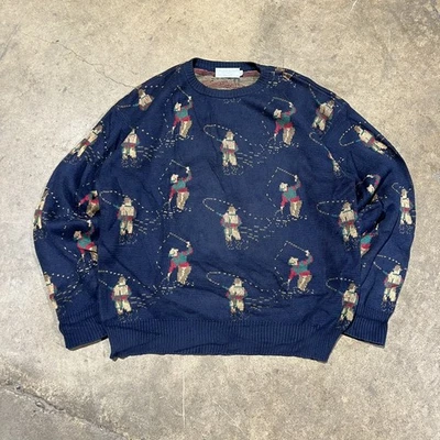 VINTAGE Tricots St Raphael Wool Sweater Size L Blue Fishing Men Allover Print - Image 1 of 4