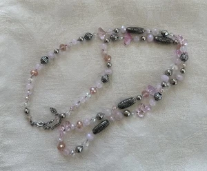 Vintage Pink and Silver Bead Necklace - Artisan Made Rose Quartz Crystal Bead - Picture 1 of 7