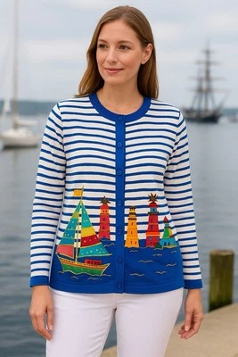 Quacker Factory Sz Large Blue White Womens Novelty Sweater Lighthouse Sailboat - Image 1 of 4