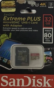 SanDisk Extreme Plus MicroSDHC uHS-I Card With Adapter Red/Gold 32GB 80MB/s 533x - Picture 1 of 2